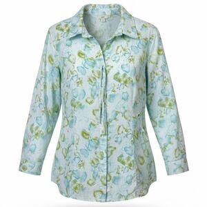 J.Jill 100% Linen Floral Tie Front Button Shirt Blouse Blue Green Size S Coastal